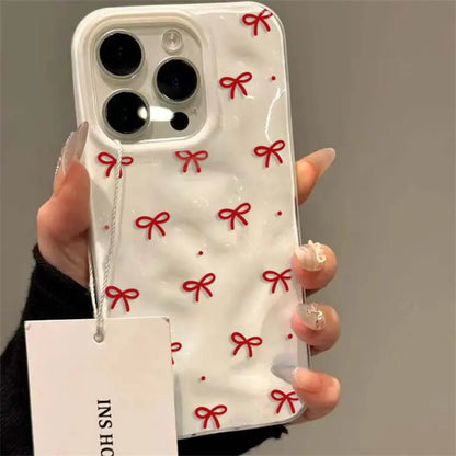 Red Bow Dots Folds Texture Phone Case For iPhone 11 Funda iPhone 17 13 14 15 16 Pro Max 12 Plus 14promax Shockproof Soft Cover