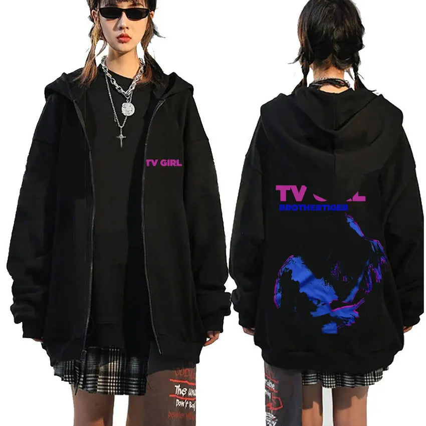 TV Girl Who Really Cares Graphic Print Zipper Hoodie Men Women Fashion Casual Oversized Zip Up Jacket Male Fleece Sweatshirts