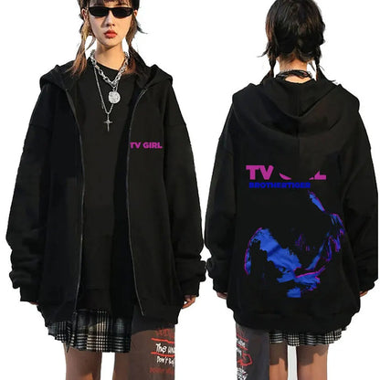 TV Girl Who Really Cares Graphic Print Zipper Hoodie Men Women Fashion Casual Oversized Zip Up Jacket Male Fleece Sweatshirts