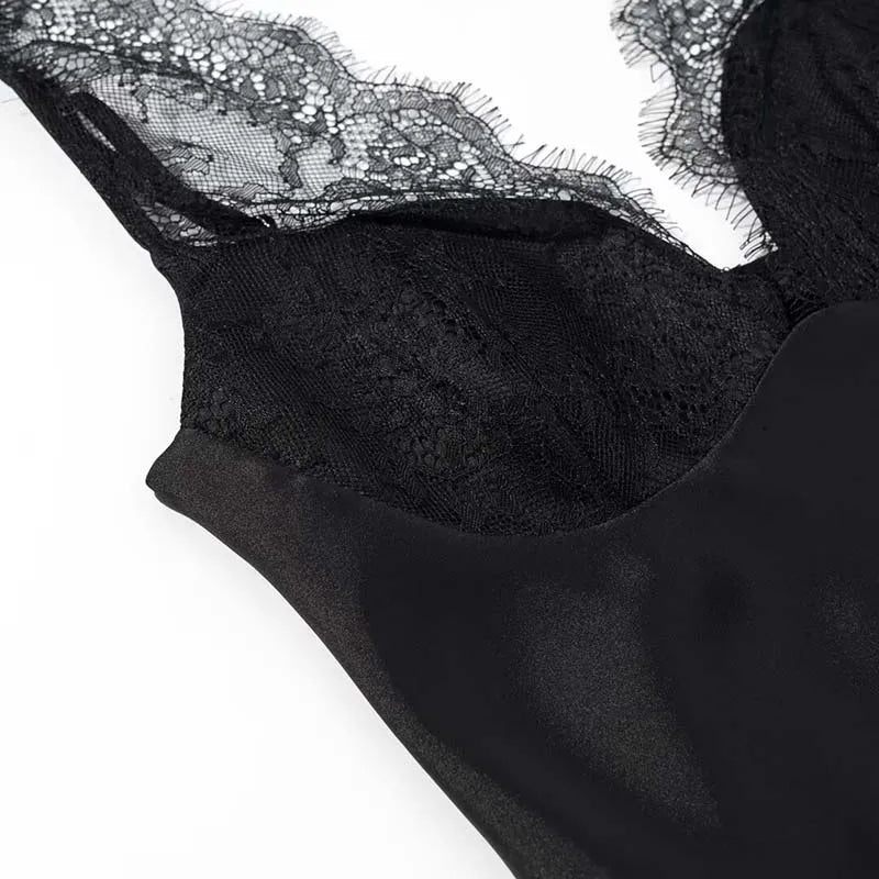 Black Satin Lace V-Neck Camisole Top for Women Cropped Y2k Harajuku Fashion Elegant Sleeveless Shirt Blouse Female
