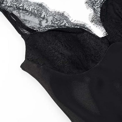 Black Satin Lace V-Neck Camisole Top for Women Cropped Y2k Harajuku Fashion Elegant Sleeveless Shirt Blouse Female