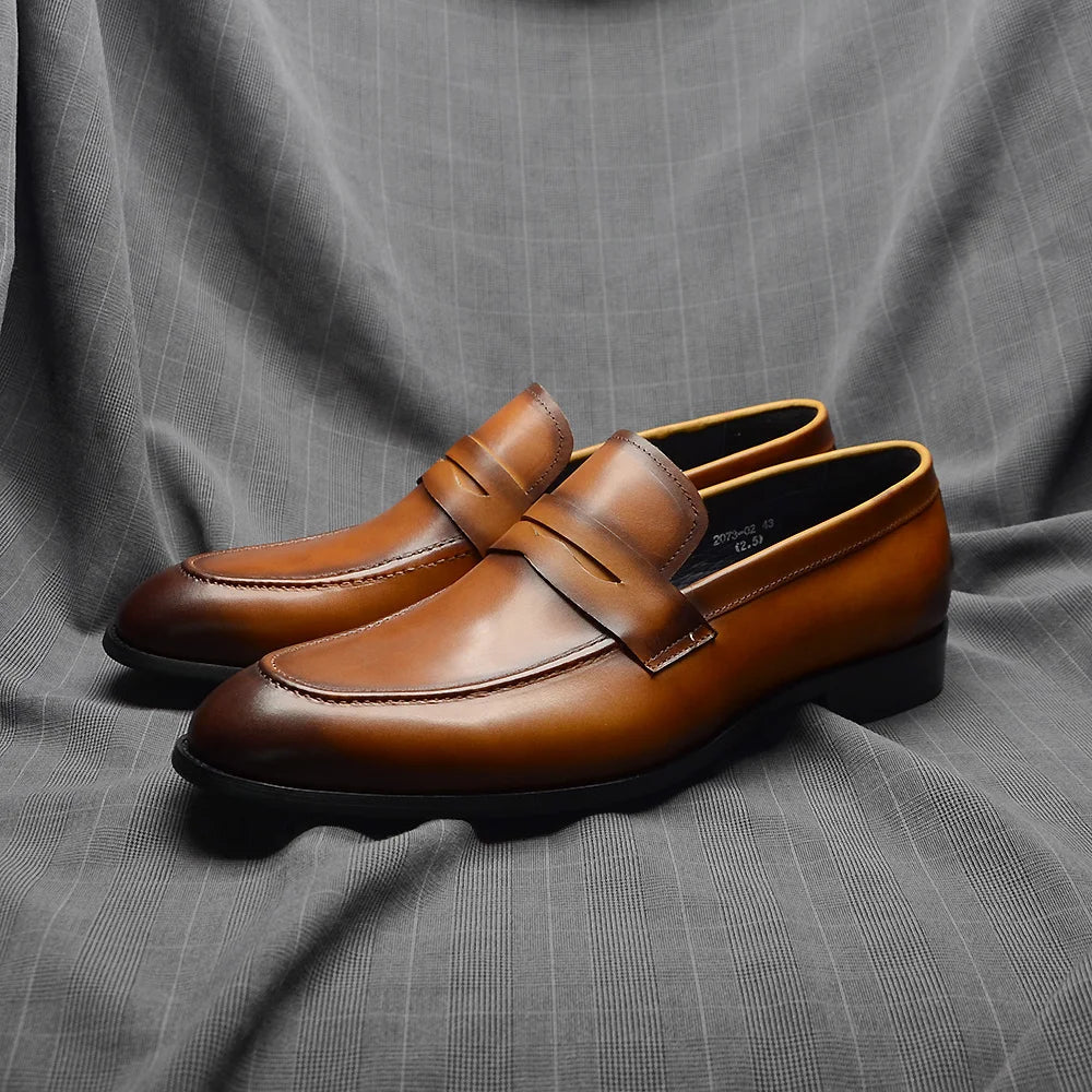 Luxury Brand Slip-On Men's Dress Shoes Genuine Leather Italian Penny Loafers Brown Blue Black Wedding Party Formal Footwear Male