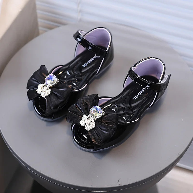 Girl's Fish Mouth Shoes with Rhinestone Bear Decos Prom Party Sandals for Kids Girl Nice Butterfly-knot Students Footwear I10281
