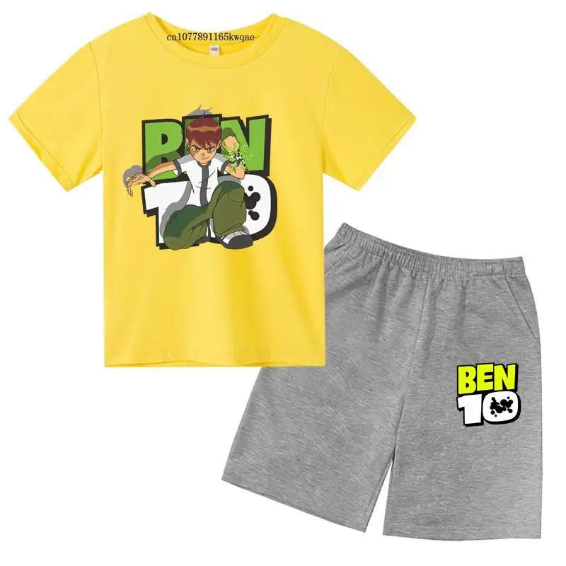 Kids Cartoon Ben Tennyson 10 Print Summer 2pcs Breathable Tees+Shorts Sports Suits 2-13Years Boys Girls Outfits Children Clothes
