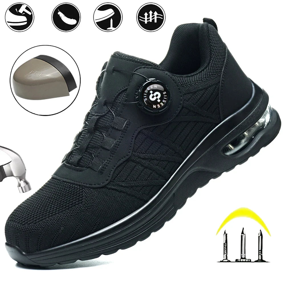 Men's Safety Shoes Steel Toe Anti- Crush Puncture Resistant Kevlar Pure Black Button Air Cushion Lightweight Work Shoes