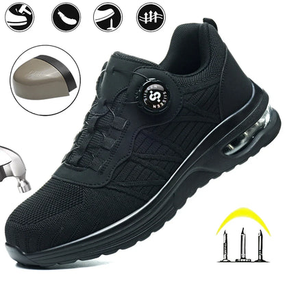 Men's Safety Shoes Steel Toe Anti- Crush Puncture Resistant Kevlar Pure Black Button Air Cushion Lightweight Work Shoes