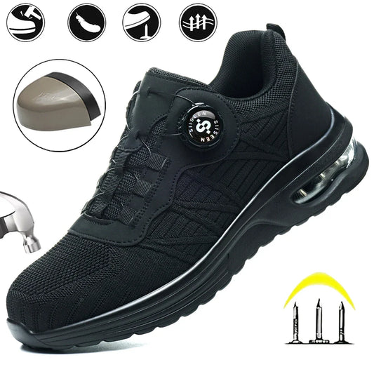 Men's Safety Shoes Steel Toe Anti- Crush Puncture Resistant Kevlar Pure Black Button Air Cushion Lightweight Work Shoes