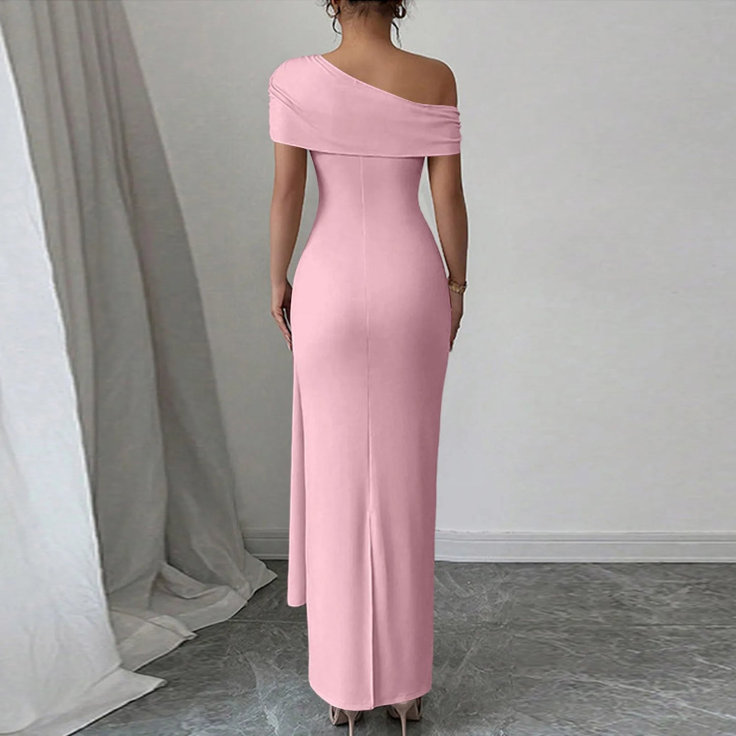 Vestidos Longos de Festa Sensuais para Mulheres, Vestido de Cor Sólida sem Mangas com Decote Diagonal, Vestido Maxi Plissado Justo, Vestido Bodycon Moderno