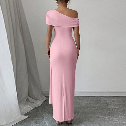 Vestidos Longos de Festa Sensuais para Mulheres, Vestido de Cor Sólida sem Mangas com Decote Diagonal, Vestido Maxi Plissado Justo, Vestido Bodycon Moderno