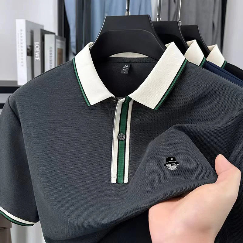 High Quality Man Short-Sleeved Polo Shirt Lapel Button Color Blocking Pattern Printing New T-Shirt Business Casual Men'sClothing