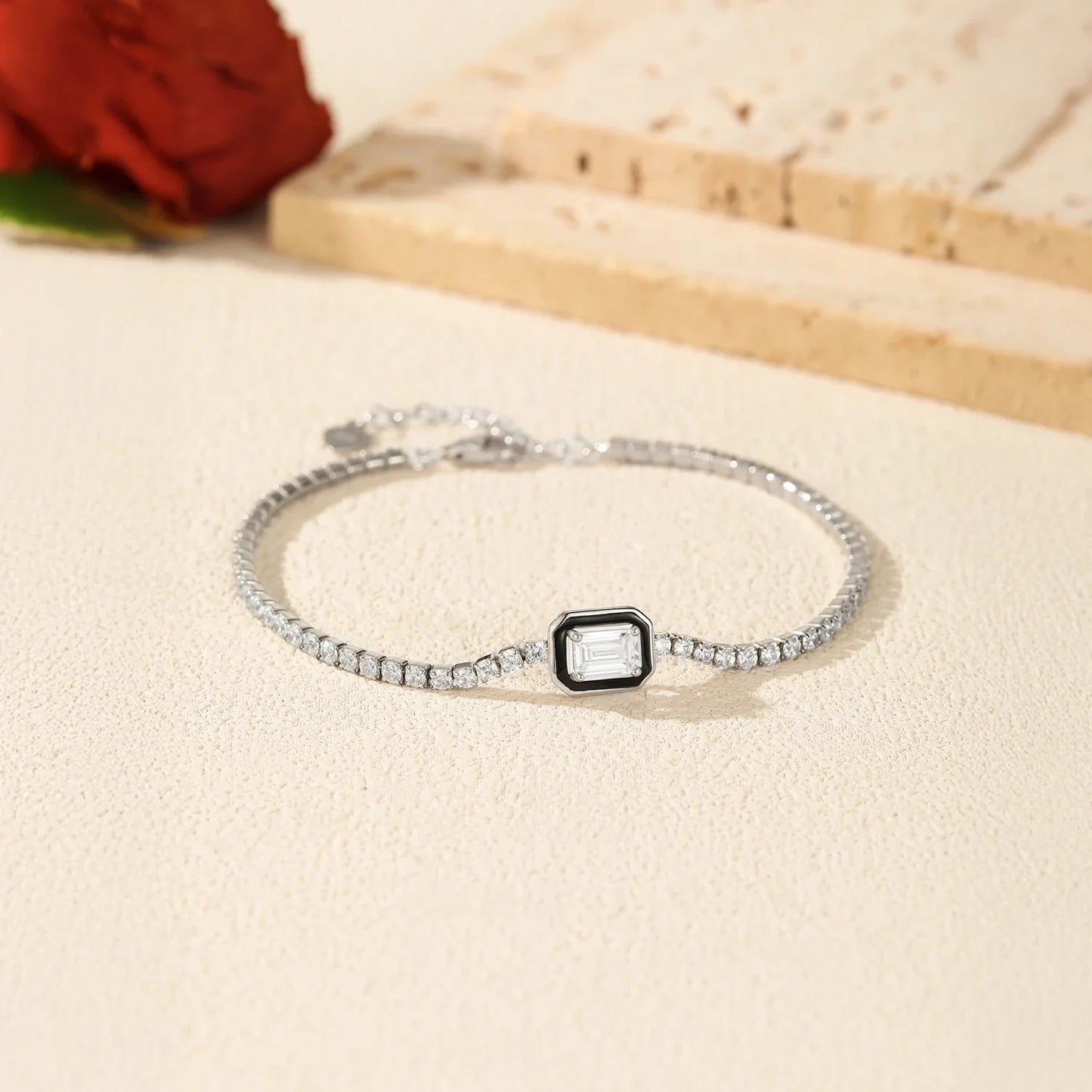925 Sterling Silver Fashion Black Enamel Rectangle Clear Cubic Zirconia Tennis Bracelets For Women Fine Jewelry Gifts