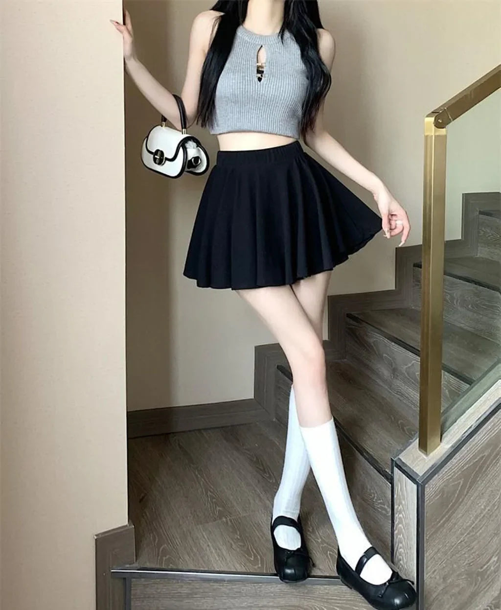 Black Pleated Mini Skirt Ballet Style High Waist Belt Meat Concealing Spring Summer Autumn New Style Slimming Short Skirt