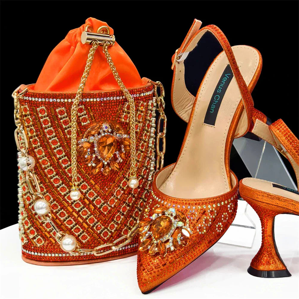 Girly Style Pointed Toe Wedding Shoes and Bag Full Diamond Decoration Metal Closure Bag Italian Design 2024