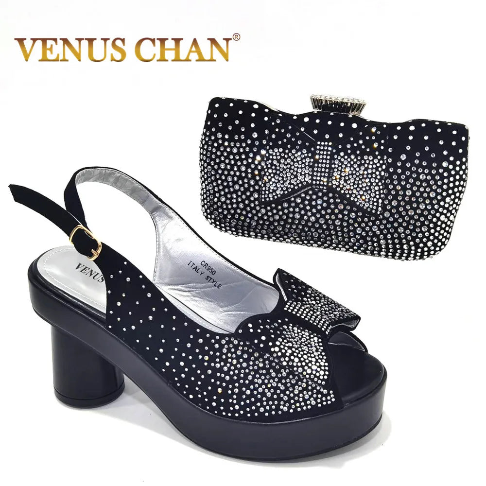 Silver Fashion Square Heels with Platform African Women Shoes and Bag Set Full Crystal Pumps for Wedding Party