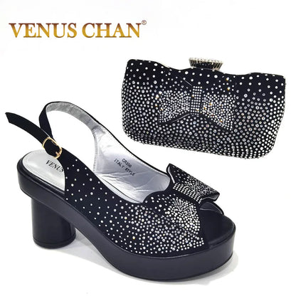 Silver Fashion Square Heels with Platform African Women Shoes and Bag Set Full Crystal Pumps for Wedding Party