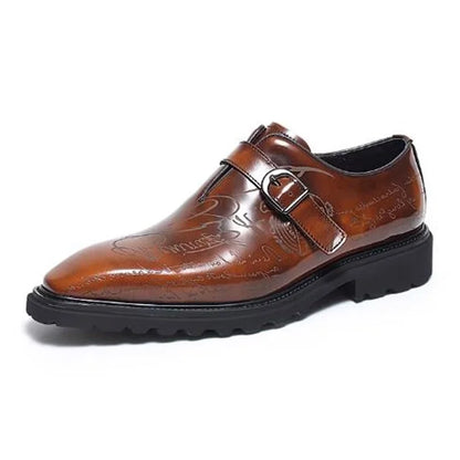 High-end Square-toe Slip-on Buckle Strap Leather Shoes Men Italian Formal Shoes Laser Engraved Letters Design Wedding Shoes Man