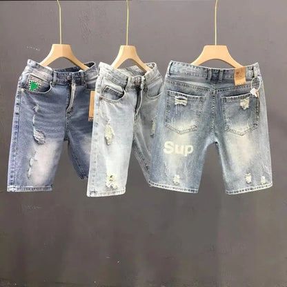 Men's Blue Casual Solid Denim Jean Shorts with Ripped Holes Wash Designer
