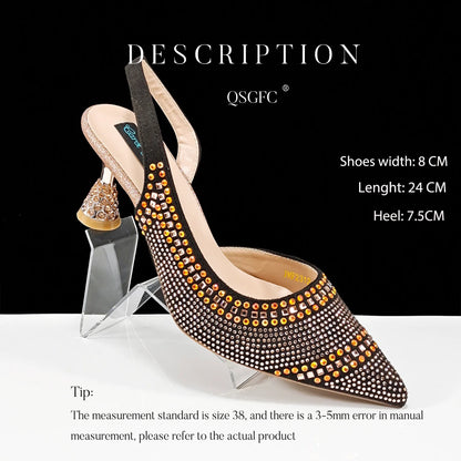 Italian Pumps and Bag To Party 2024 INS Style Pointed-Toe Rhinestone Elegant High Heels Champagne Wedge for Women