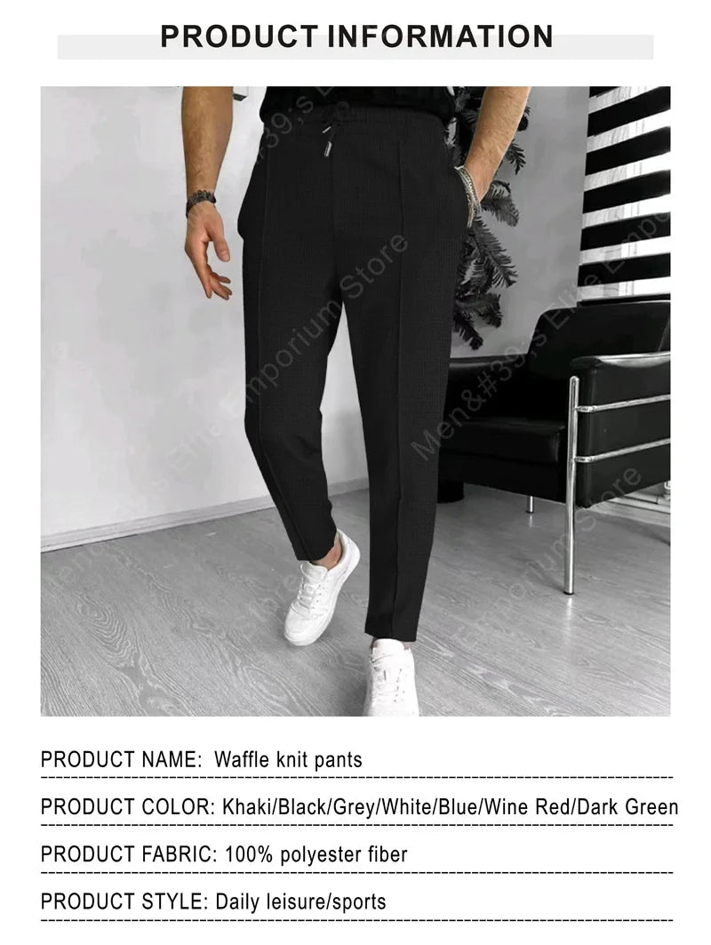 Mens Stylish Waffle Pants - Casual Sports Slim Fit with Adjustable Drawstring Secure Pockets for All Seasons - Perfect Outdoor