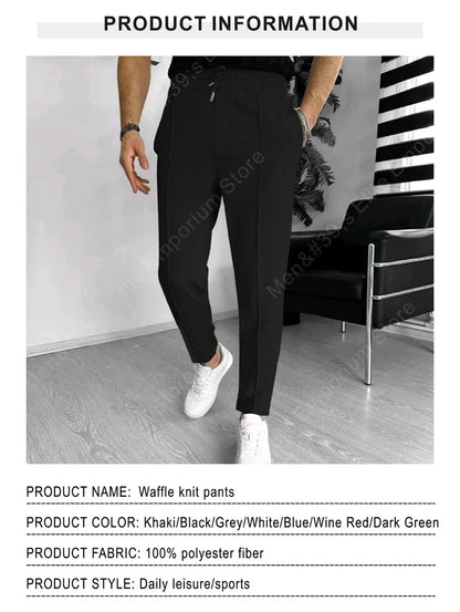 Mens Stylish Waffle Pants - Casual Sports Slim Fit with Adjustable Drawstring Secure Pockets for All Seasons - Perfect Outdoor