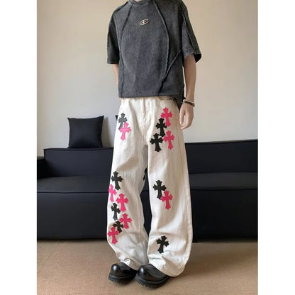 Trendy cross jeans, loose straight leg wide leg casual pants
