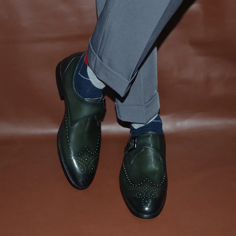 Elegant Men's Monk Strap Dress Shoes Genuine Leather Single Buckle Green Black Loafer Brogue for Party Wedding Formal Occasions