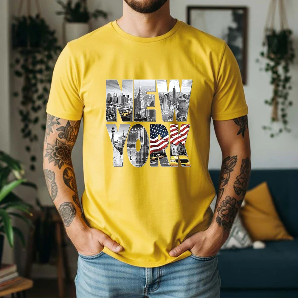 New Summer 100% Cotton T-Shirt New York City Landmark Letter Retro American Street Style Oversized Breathable Short Sleeve