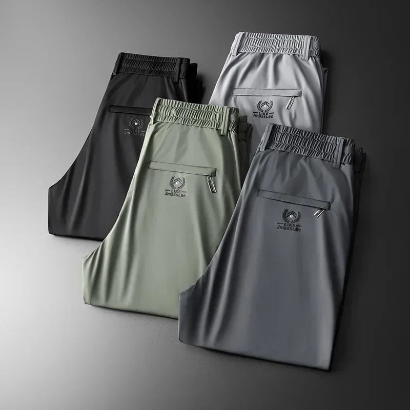 2024 Summer Soft Ice Silk Fabric Men's Thin Casual Pants Korean-style Fashion  Straight High Stretch Trousers Male Luxury Brand