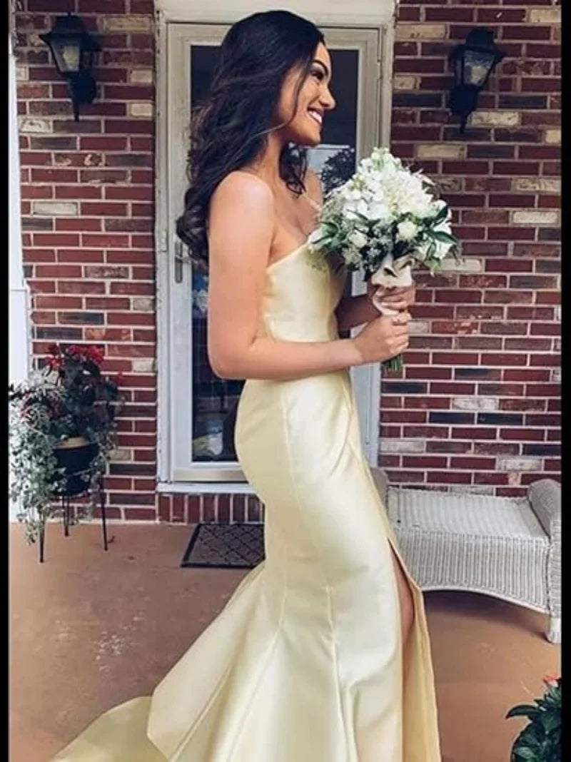 Women's Sleeveless Mermaid High Slit Backless Long Prom Gowns Strapless Floor Length Satin Evening Maxi Dresses