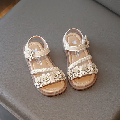 Girls Beige Braided 3D Flower Princess Sandals, Hook-and-Loop Soft Elastic Non-Slip Wear-Resistant Rubber Sole Lightw