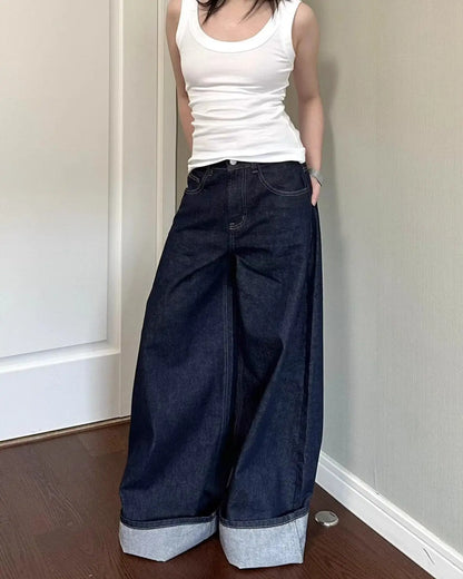 Casual Dark Blue Wide Leg Denim Jeans