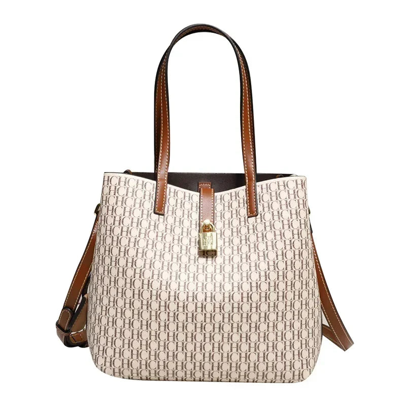 Exquisite Monogram Tote Bag Padlock Accent Quality Shoulder Straps Fine Stitching Spacious Daily Commute Travel Essential