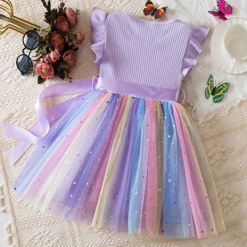 Girls Flying Sleeves Bow Sequin Dress Kids Baby Girl Birthday Party Fluffy Tutu Princess Dress 1-5Y