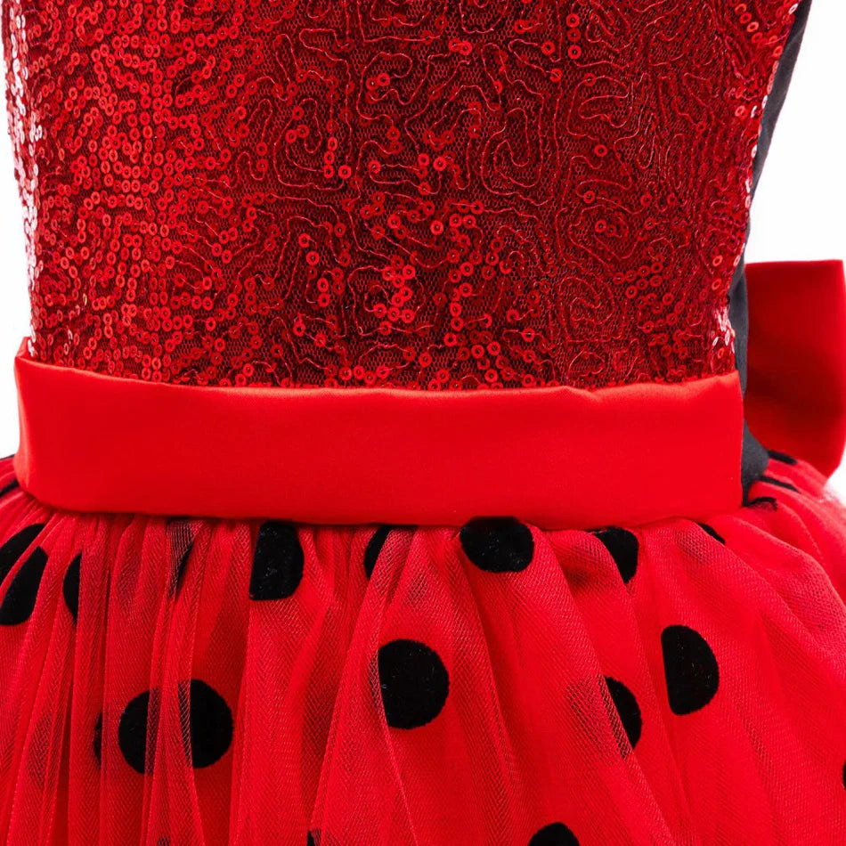 Girl Polka Dot Princess Dress Ladybug Dress Up Fur Ball Headband Black and Red Dress Halloween Cosplay costume Carnival Clothes