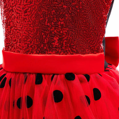 Girl Polka Dot Princess Dress Ladybug Dress Up Fur Ball Headband Black and Red Dress Halloween Cosplay costume Carnival Clothes
