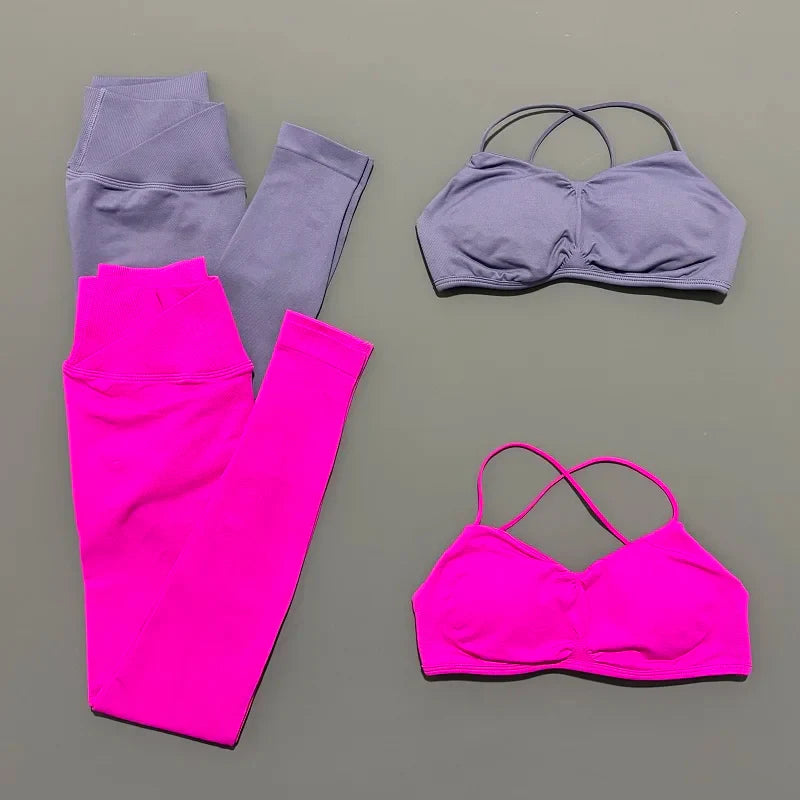 2 Piece Vision Sports Set Summer New Yoga Clothes Women Tracksuit Athletic Cross Backless Yoga Top Leggings Pilates Fitness Set