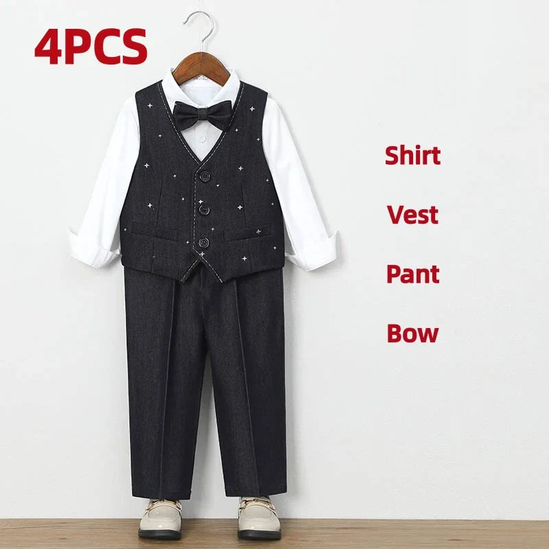 Autumn Children Boys Wedding Suit Star Printed Blazer Vest Pant 3/4/5Pcs Suit Outfit Set Formal Elagant Suit For Boys 1-10 Years