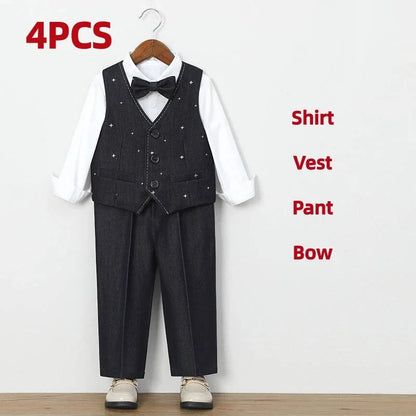 Autumn Children Boys Wedding Suit Star Printed Blazer Vest Pant 3/4/5Pcs Suit Outfit Set Formal Elagant Suit For Boys 1-10 Years