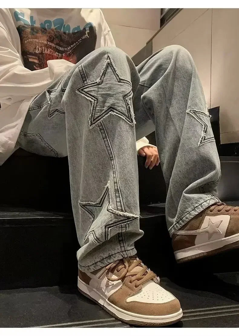 Star Embroidered Straight Casual Men's Jeans Y2K Gothic Unisex New Wide-leg Loose, Comfortable Fashionable Youth Street Jeans