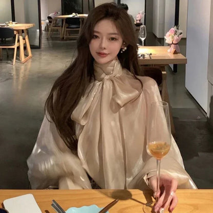 Spring Autumn Women Fashion Tops New Shirts Lantern Sleeve Stand Collar Solid Casual Vintage Elegant Temperament Long-Sleeved