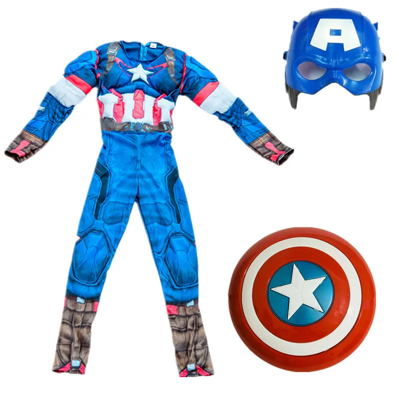 3-12Y Boy's Captain America Costume Superhero Roleplay Onesie School Performance Outfit with Mask and Shield Toy Gift
