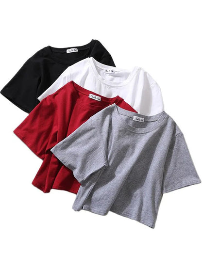 Summer Short Sleeve T Shirts Women  Solid T-shirt O Neck High Waist Crop Top Tee Female Casual Loose T Shirt