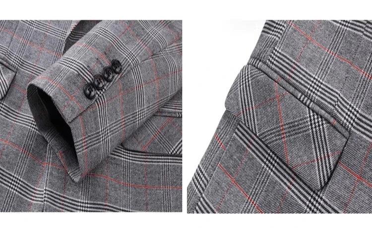 (  Blazer + Vest + Pants ) High-end Brand Gray Plaid Mens Formal Business Office Suit Three-piece Groom Wedding Dress Party Suit