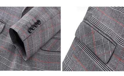 (  Blazer + Vest + Pants ) High-end Brand Gray Plaid Mens Formal Business Office Suit Three-piece Groom Wedding Dress Party Suit