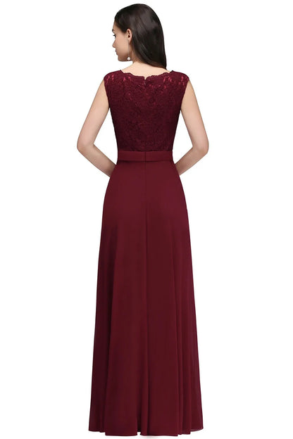 Elegant Long Burgundy Women Evening Dresses Sexy Illusion O Neck Lace Sleeveless A-Line Chiffon Formal Party Prom Gowns Vestidos