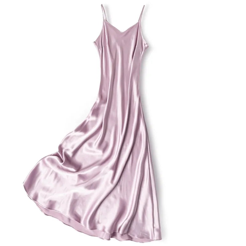 100% Natural Mulberry Silk Plain Satin French V-neck Diagonal Cut Women's Sexy Solid Suspender Dress