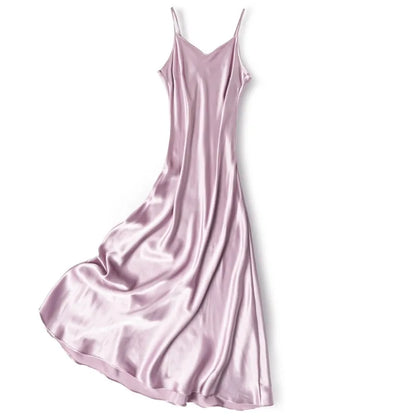 100% Natural Mulberry Silk Plain Satin French V-neck Diagonal Cut Women's Sexy Solid Suspender Dress