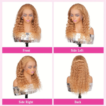 38Inch 13x6 HD Transparent Lace Front Wig Human Hair #27 Deep Wave Pre Plucked 200% Density Honey Blonde Curly Wig For Women