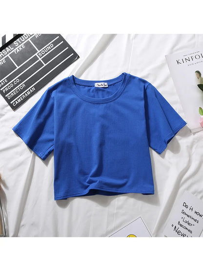 Summer Short Sleeve T Shirts Women  Solid T-shirt O Neck High Waist Crop Top Tee Female Casual Loose T Shirt