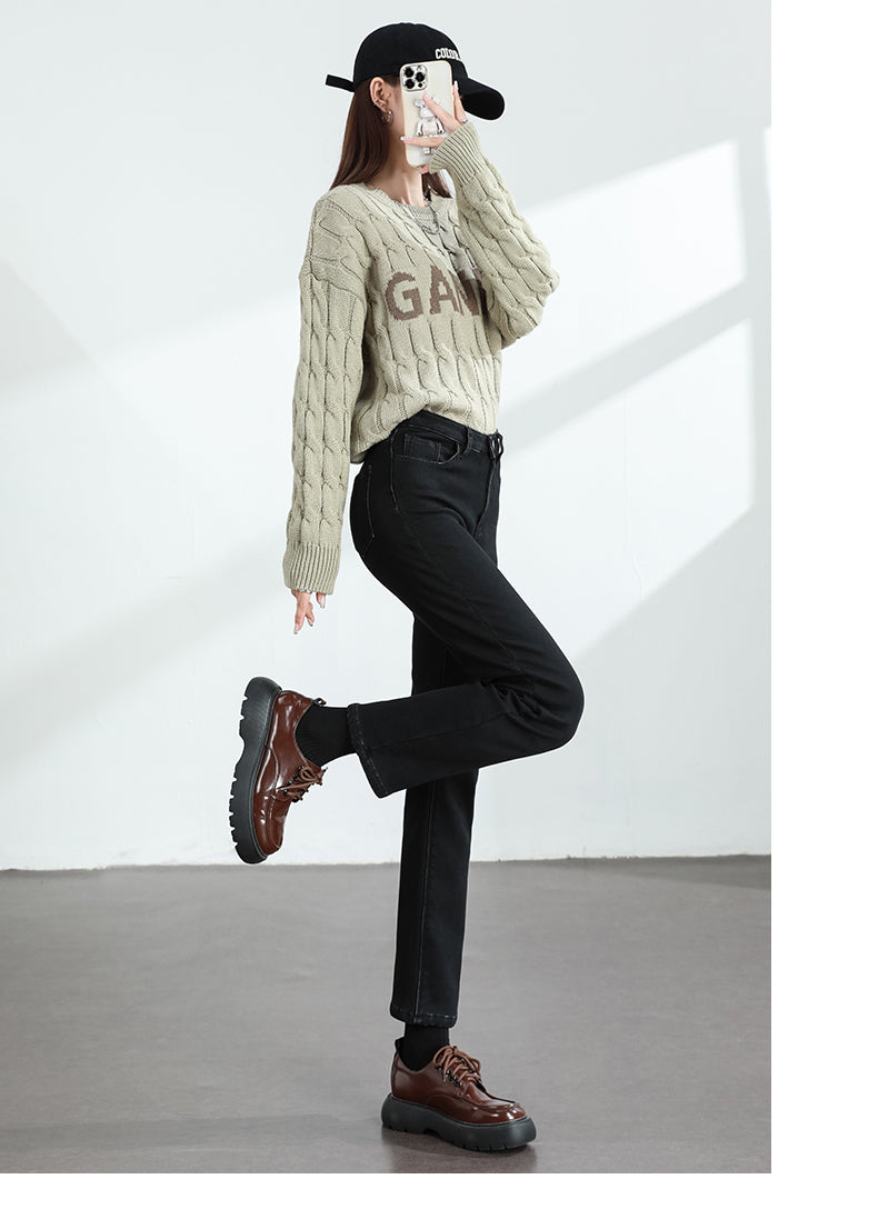 Calça Jeans Feminina Inverno Fleece Quente Reta Slim Elástica Algodão Grosso Quente Denim Moda Roupa Feminina